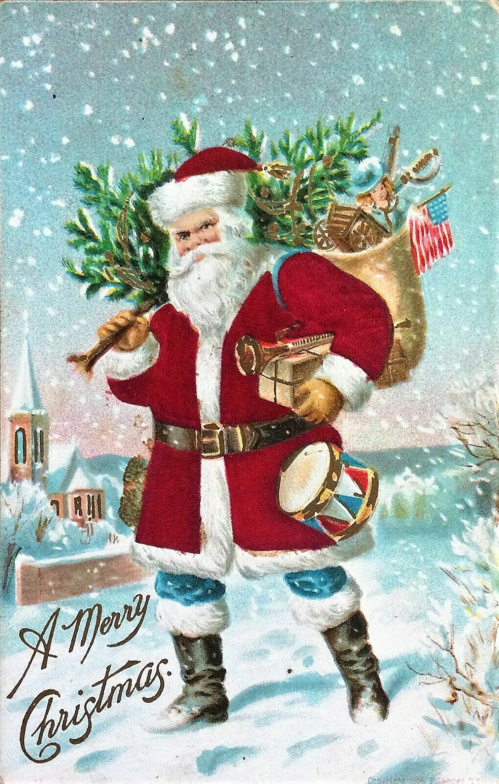 Christmas~Patriotic SILK Santa Claus~Blue Pants~ w. Flag~Toys~1909 Postcard-d763