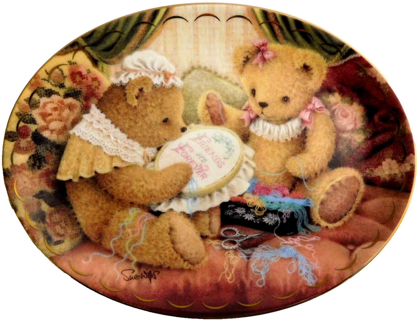 Franklin Mint Heirloom Teddy Bear Oval Plate Friends are Fur-ever Sue Willis