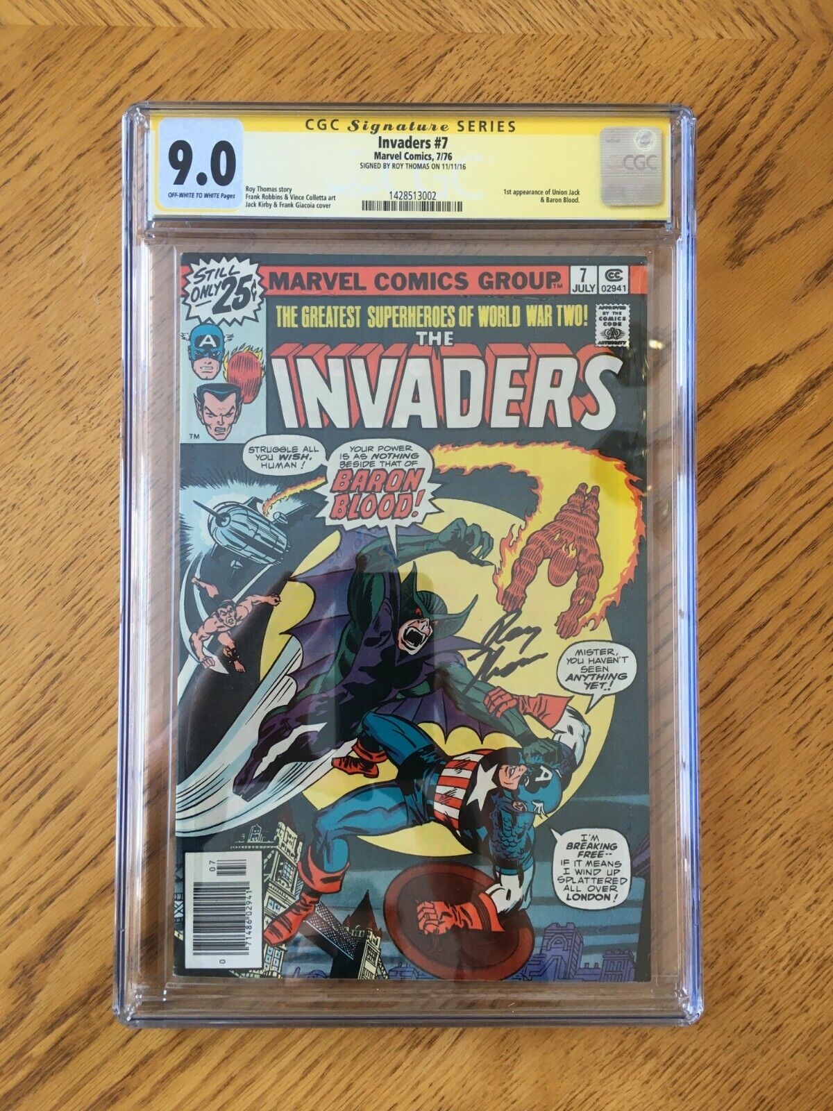 Invaders #7 Signed by Roy Thomas. 1st Union Jack & Baron Blood. 9.0 VF/NM CGC