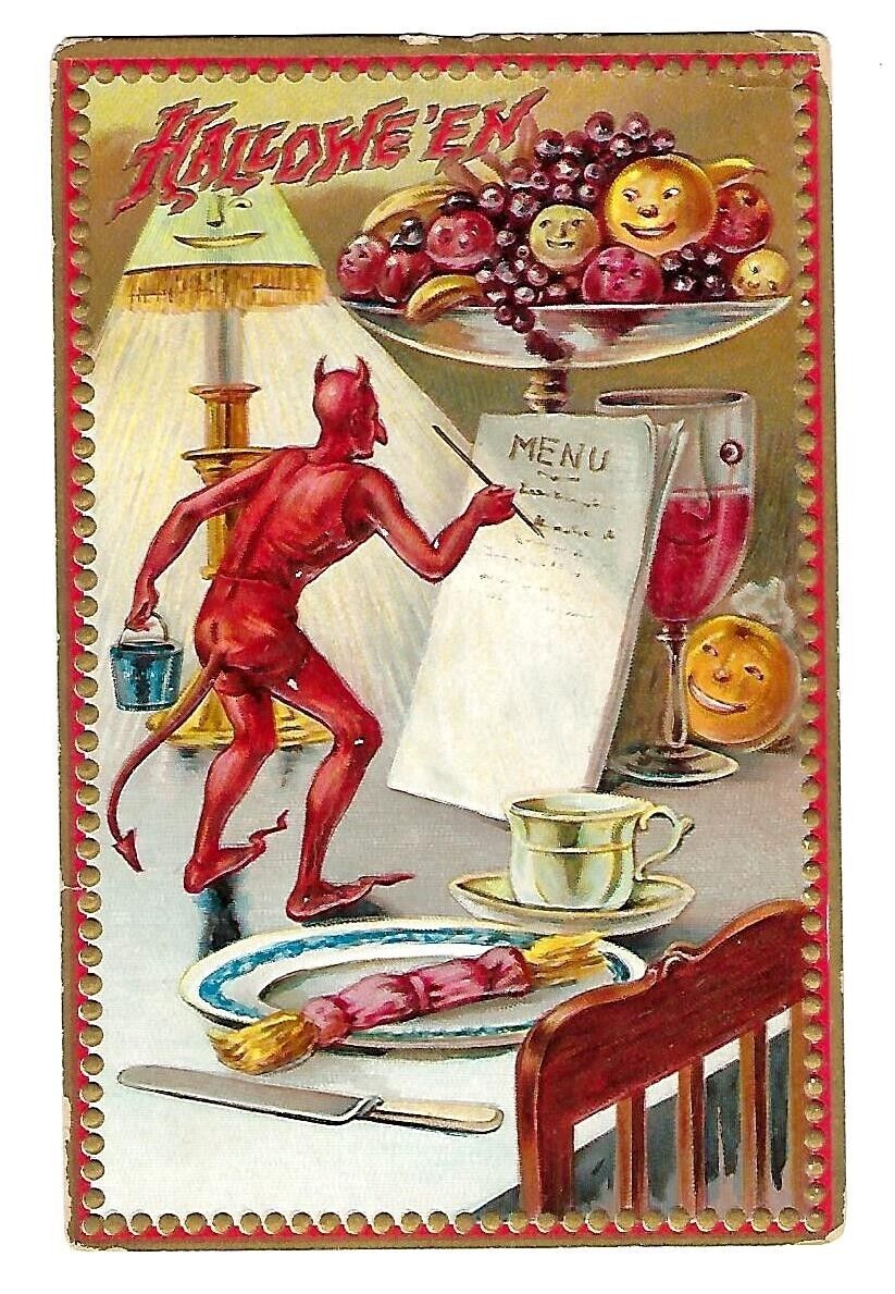 c1909 Tucks #160 Halloween Postcard Devil Making Menu, Food Smiling