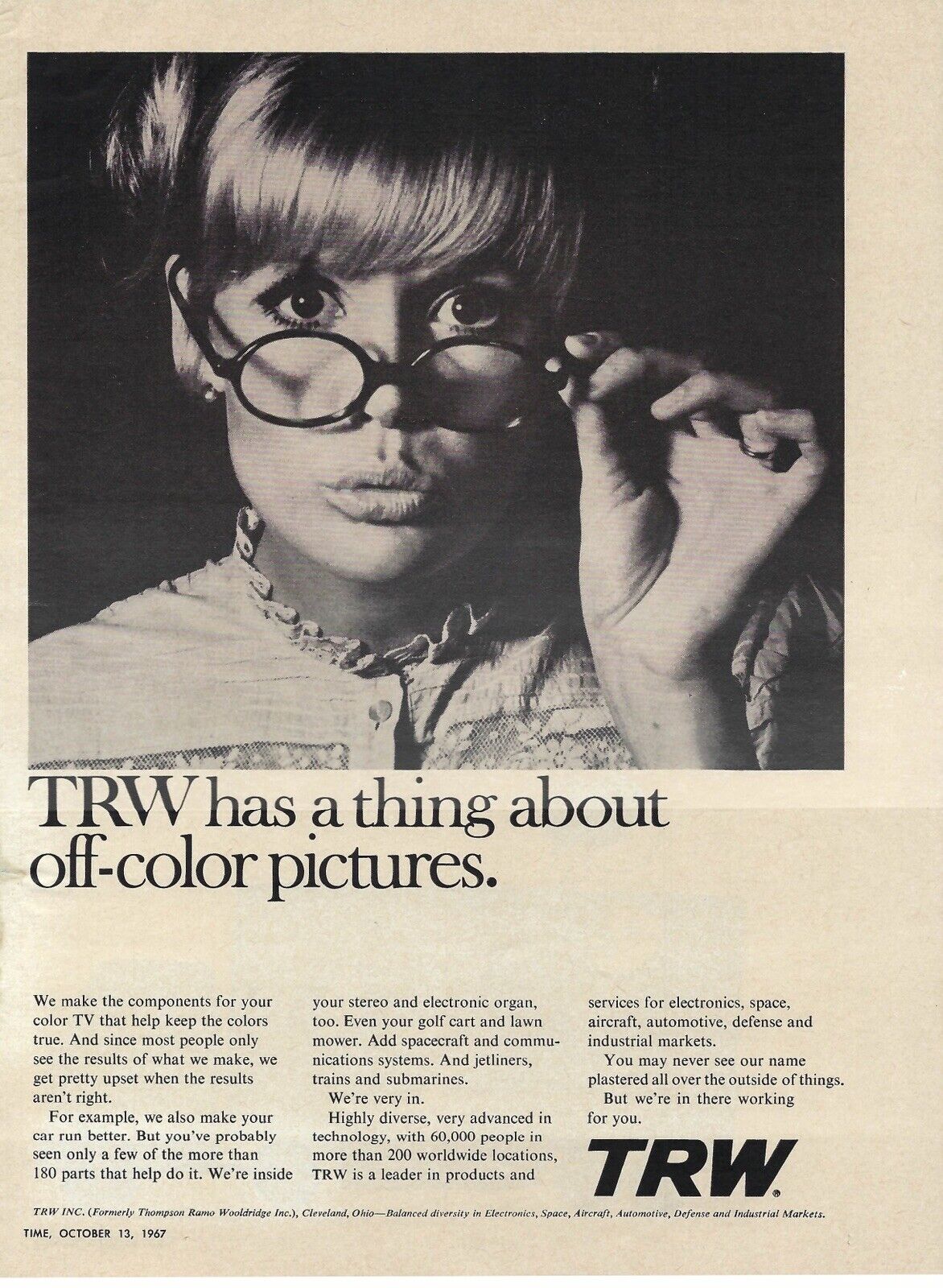 1967 TRW Color TV Thing About Off-Color Pictures Vintage Mag Print Ad/Poster