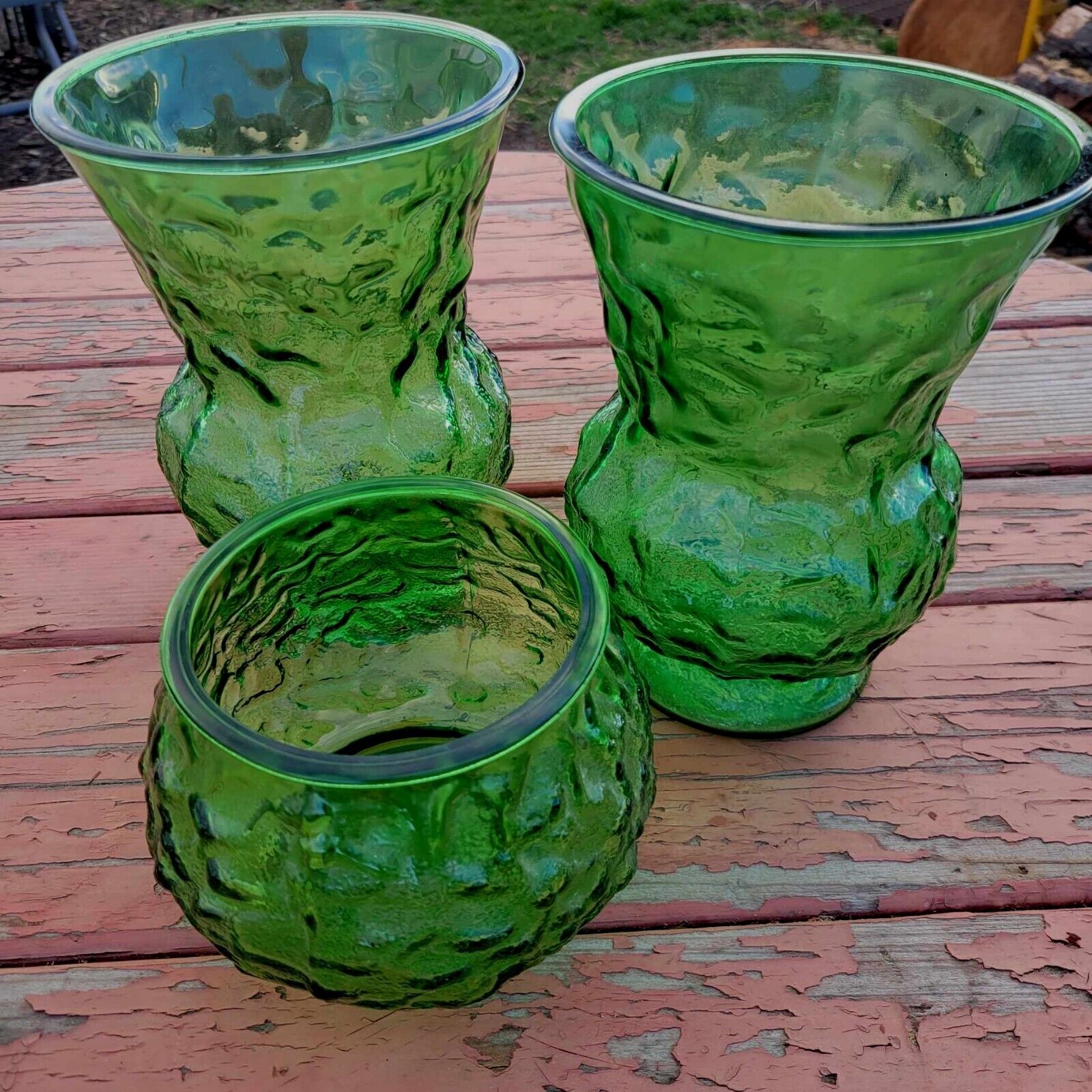 Vintage E.O. Brody Green Glass Rose Bowl & 2 Vases 1960