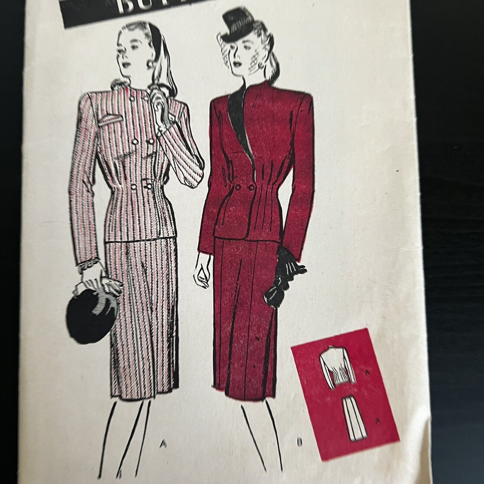 Vintage 1940s Butterick 3337 Tailored Skirt Suit Collarless Sewing Pattern USED