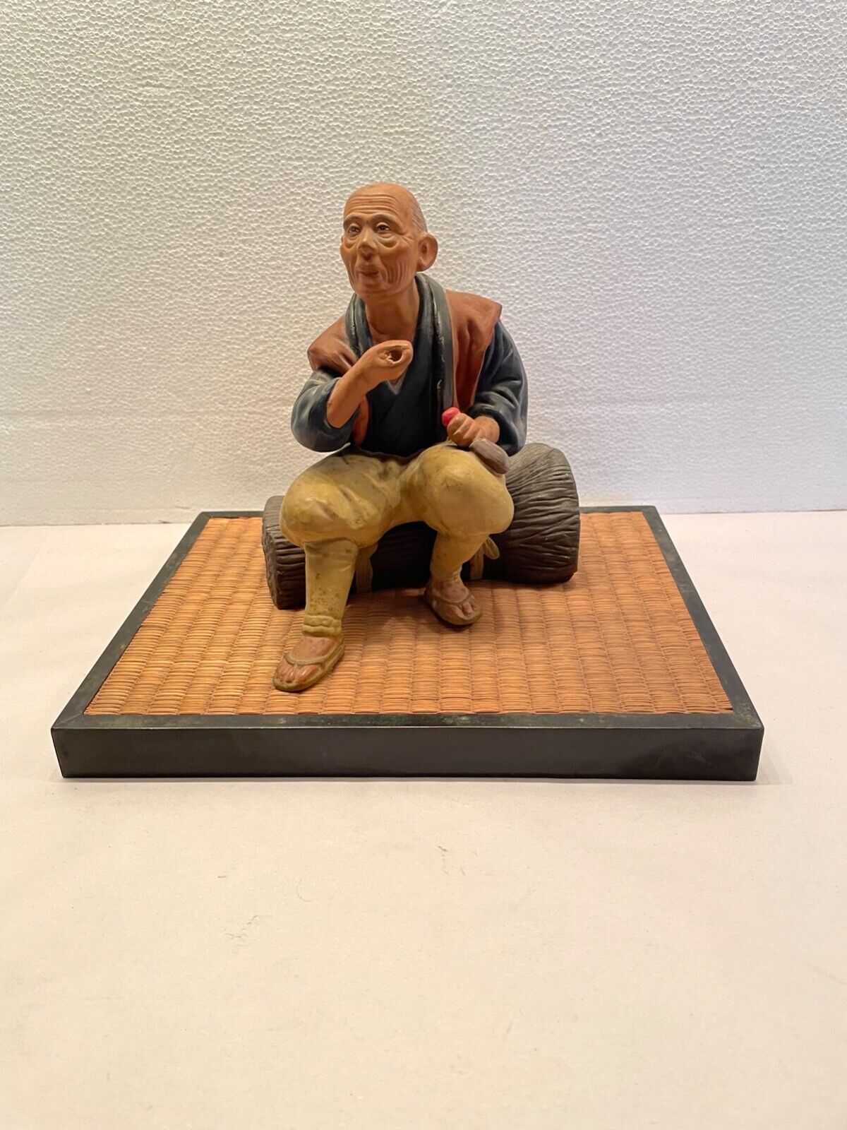 Vintage Rare Original Japanese Hakata Doll Old Woodcutter Man on Log Signed
