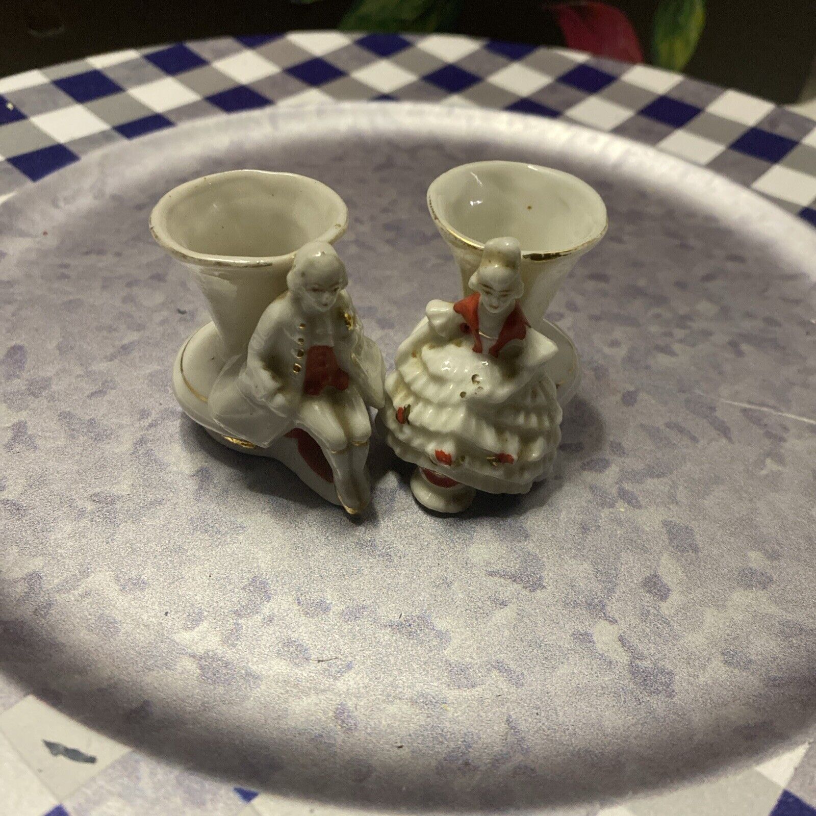 Vintage Victorian Baroque Vase Set Pair Red  White Miniature Set 