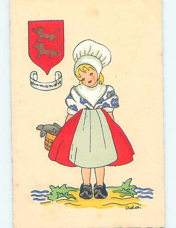 Pre-Chrome foreign signed FRENCH GIRL WITH CREST FROM NORMANDIE FRANCE HL8437