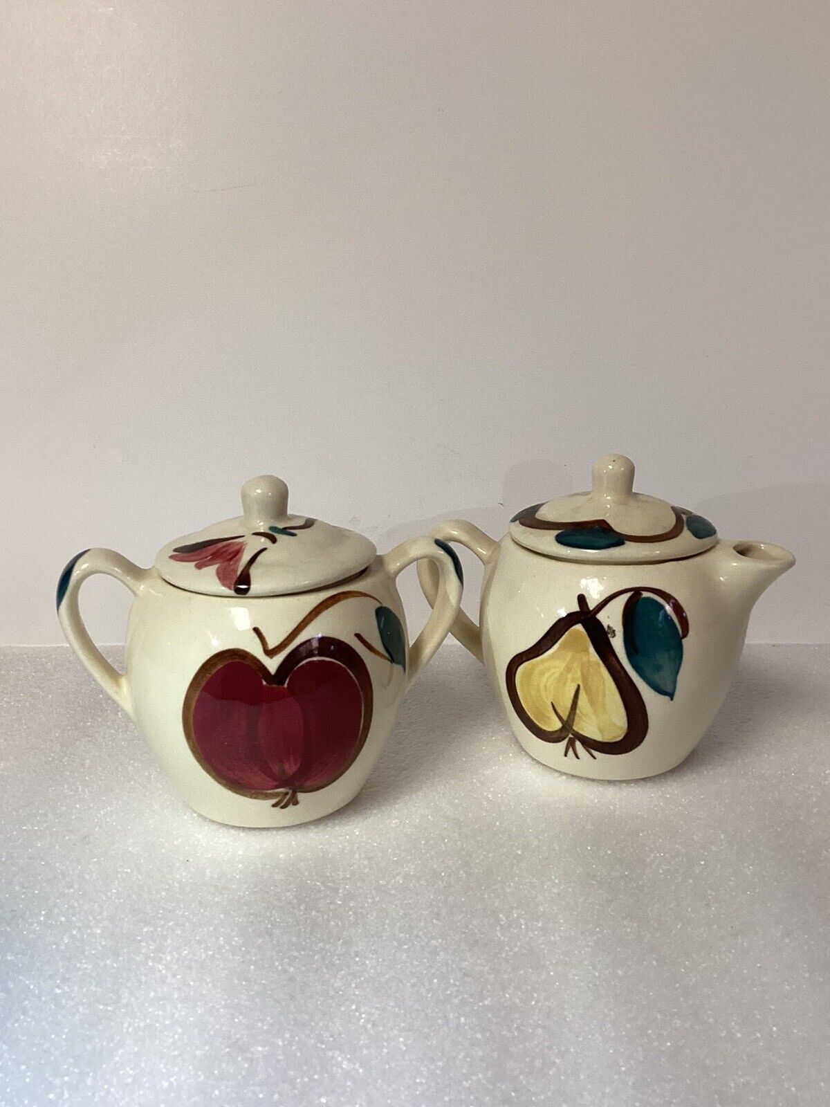 Vintage Purinton Slip Ware Pottery Sugar & Creamer Set Both W/ Lids Apple & Pear
