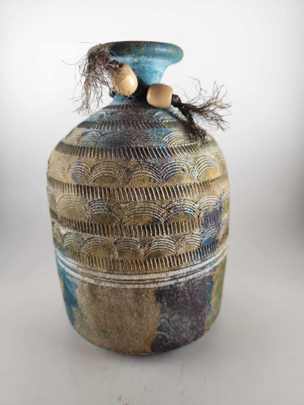 Colorful Primitive Mexican/Navajo Etched Pottery Vessel Unglazed 8.25