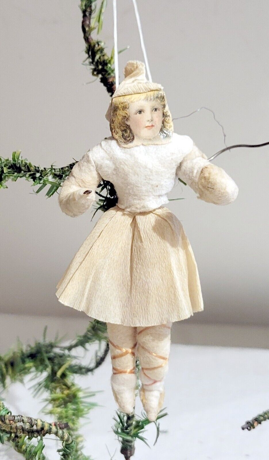 Cotton Ballerina With Paper Face, Elegant 1890s Spun Cotton German Ornament