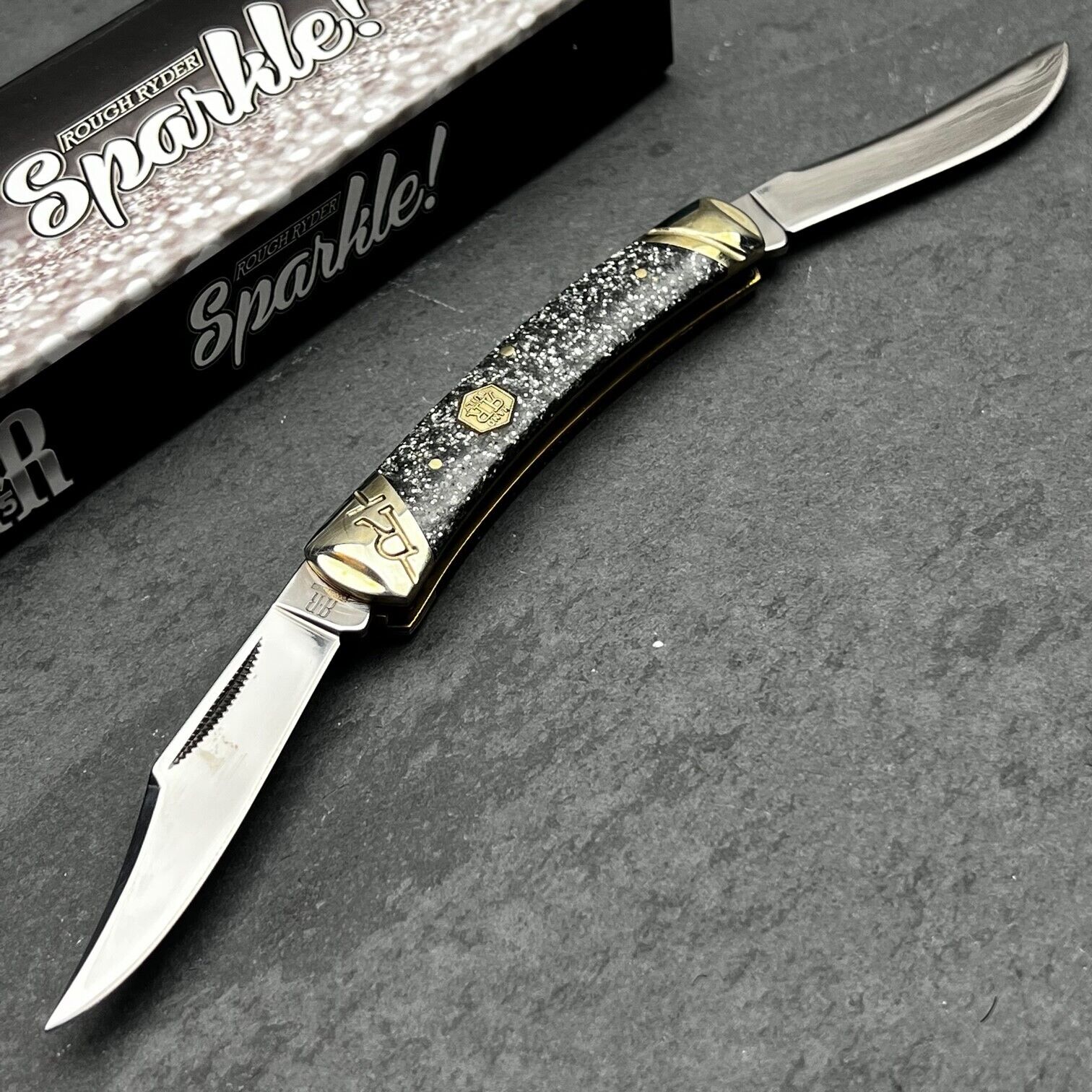 Rough Ryder Silver Sparkle 2 Blade Moose Traditional Folding Pen Pocket Knife