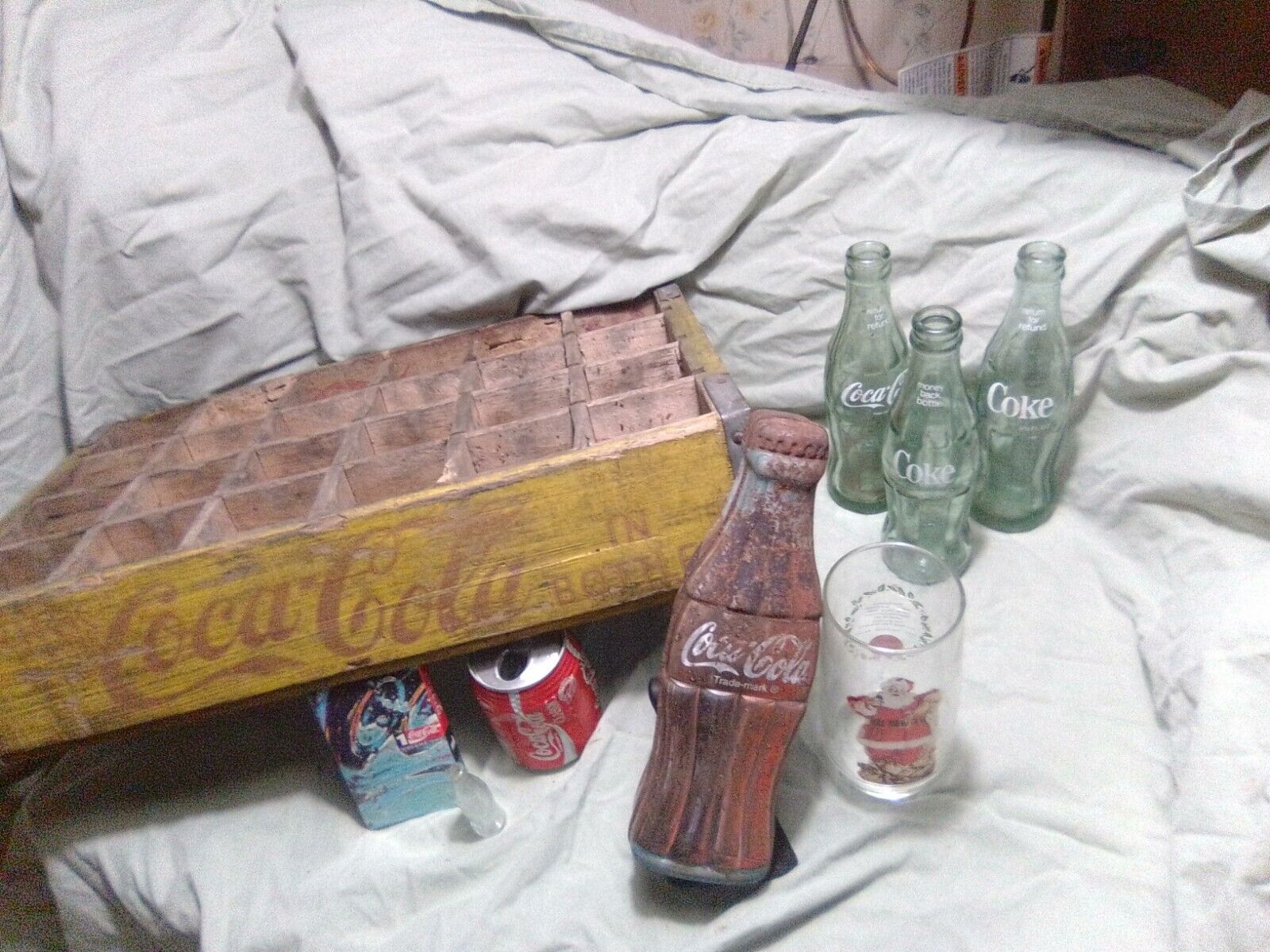 vintage coca cola Yellow Wooden Crate And  collectibles Lot