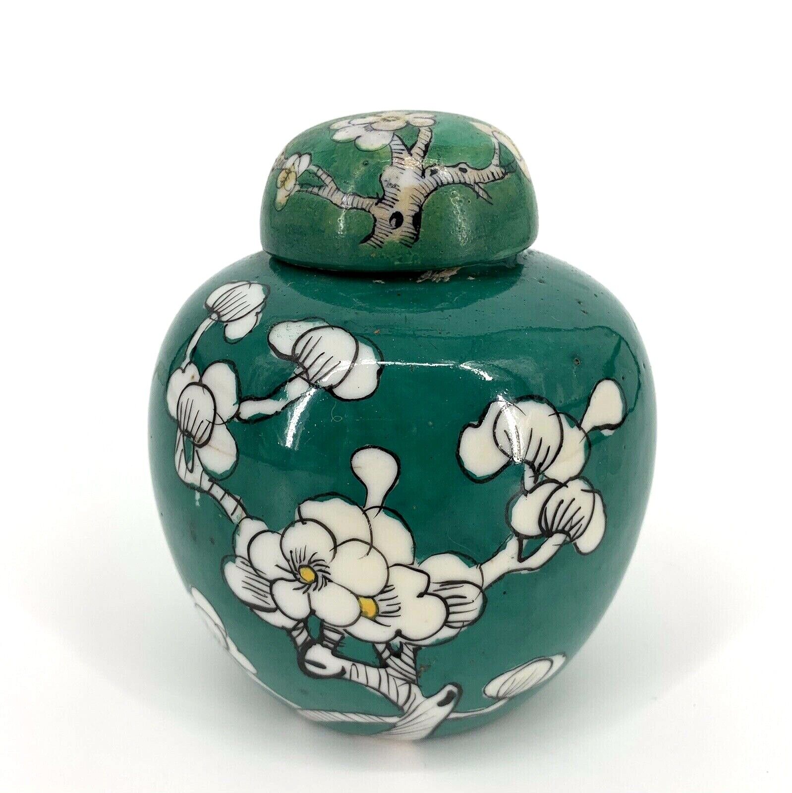 Vintage Green Cherry Blossom Tree Glazed Porcelain Ginger Jar Urn 6\