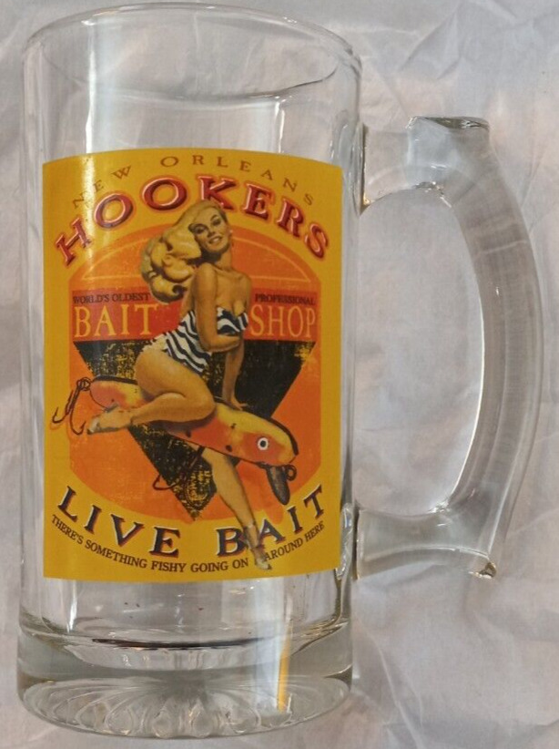 New Orleans Hooker’s Bait Shop Glass Beer Stein Mug Fishing Souvenir
