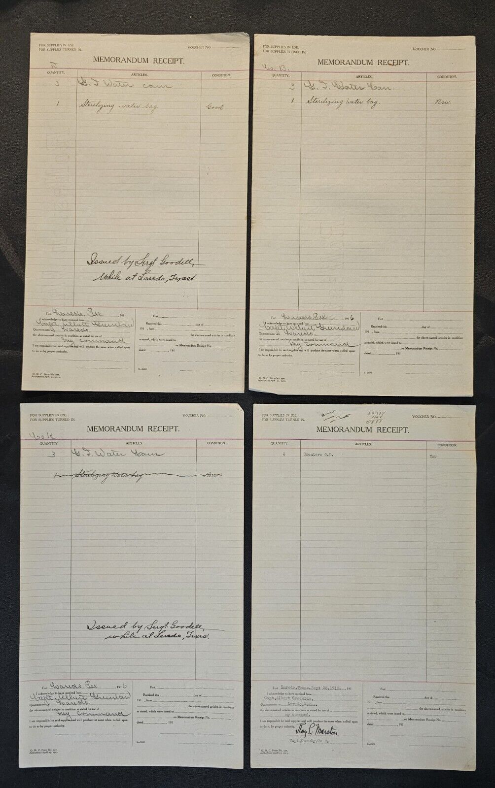 Four (4) WW1 Supply Memorandum Receipts Fort Laredo, TX 1916