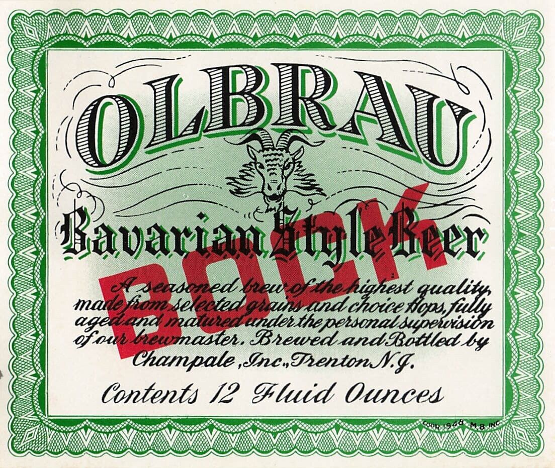 Olbrau Bock Bavarian Beer Vintage Beer Label Champale Inc. Trenton New Jersey