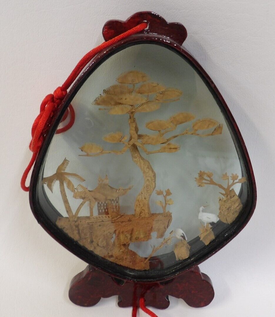 Chinese Diorama Cork Carving Glass Shadow Box Tasseled Wall Hanging