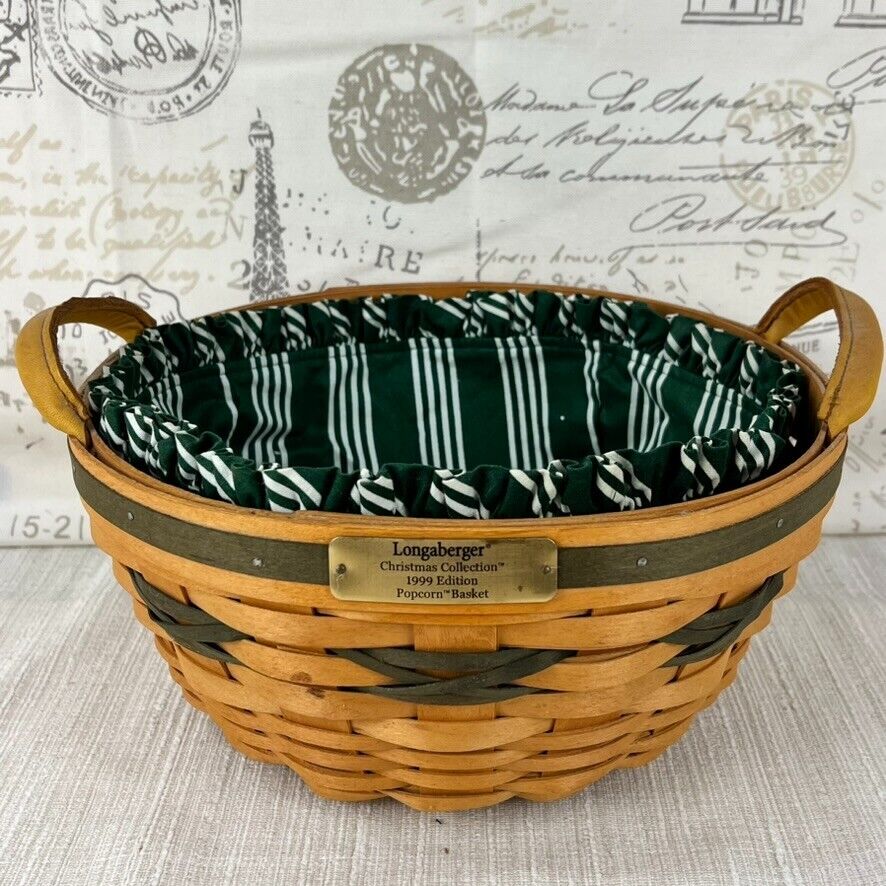 Longaberger 1999 Popcorn Basket With Liner and Leather Handles 10.5 Round x 5 H