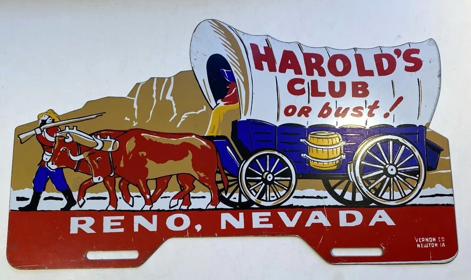 VINTAGE HAROLD\'S CLUB OR BUST, RENO, NEVADA LICENCE PLATE SIGN