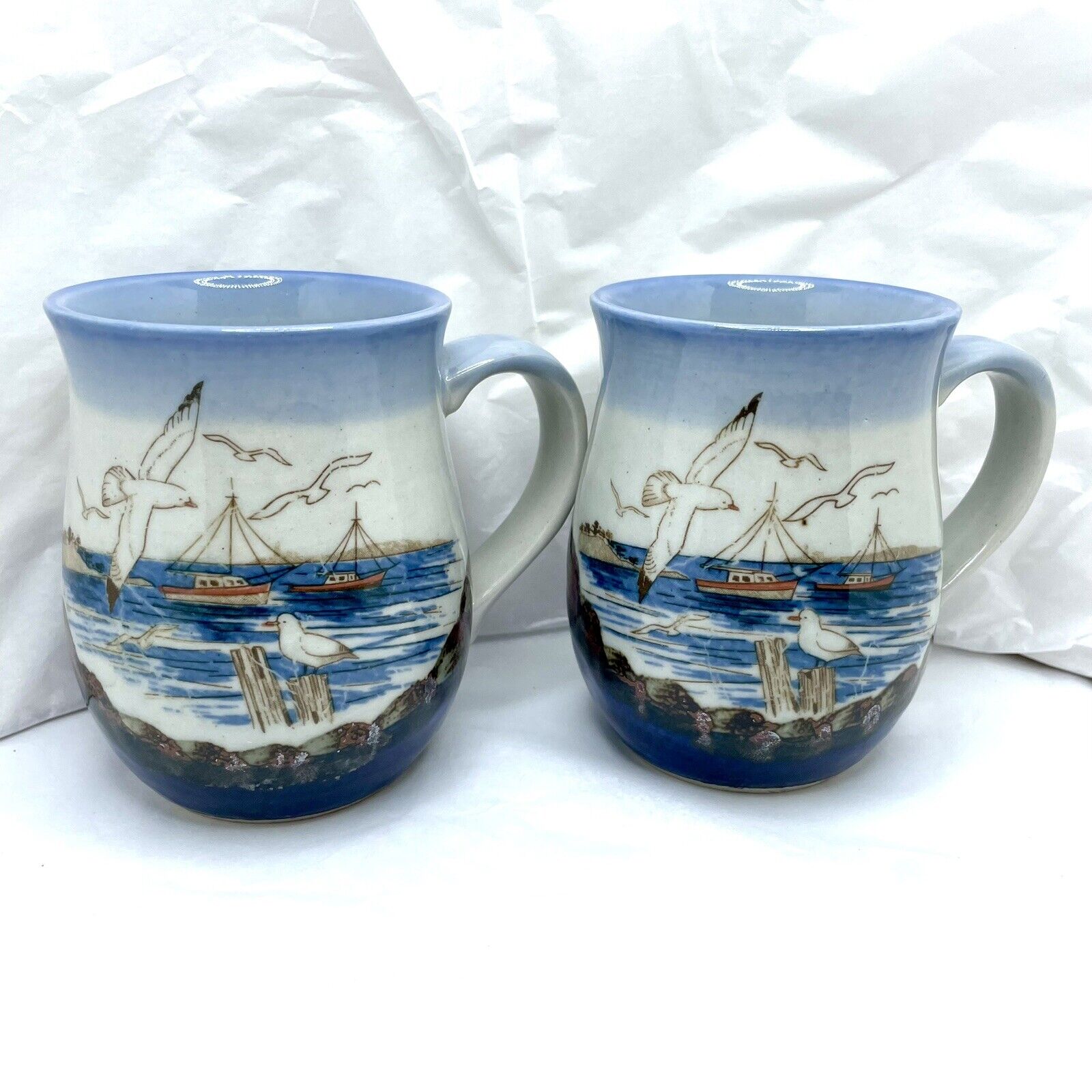 2 Otagiri Nautical Sea Lighthouse Seagull Mugs Cup Stoneware Glaze VTG MINT