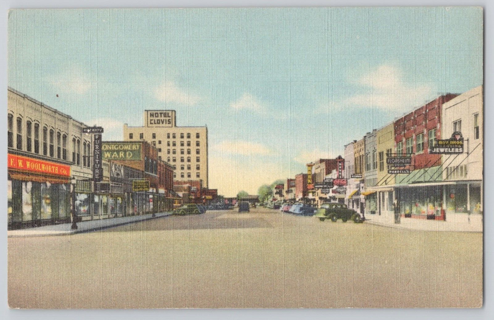 Postcard Main Street, Clovis, N.M  coca cola, woolwoorth, Vintage cars