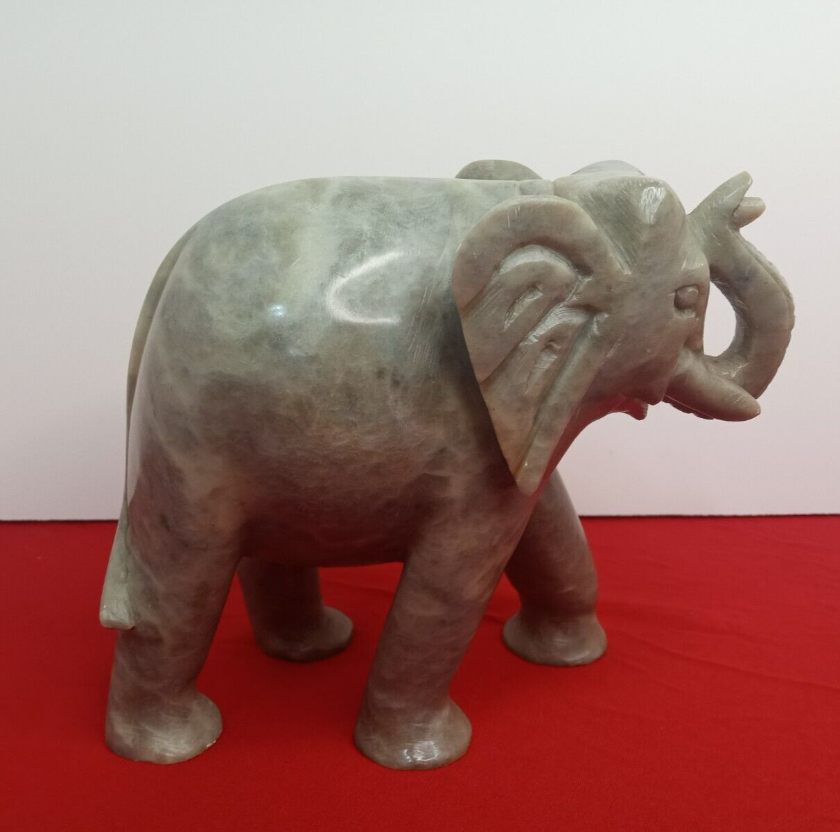 Hand Carved Soapstone Elephant Paperweight Statue Trunk Up 5 In