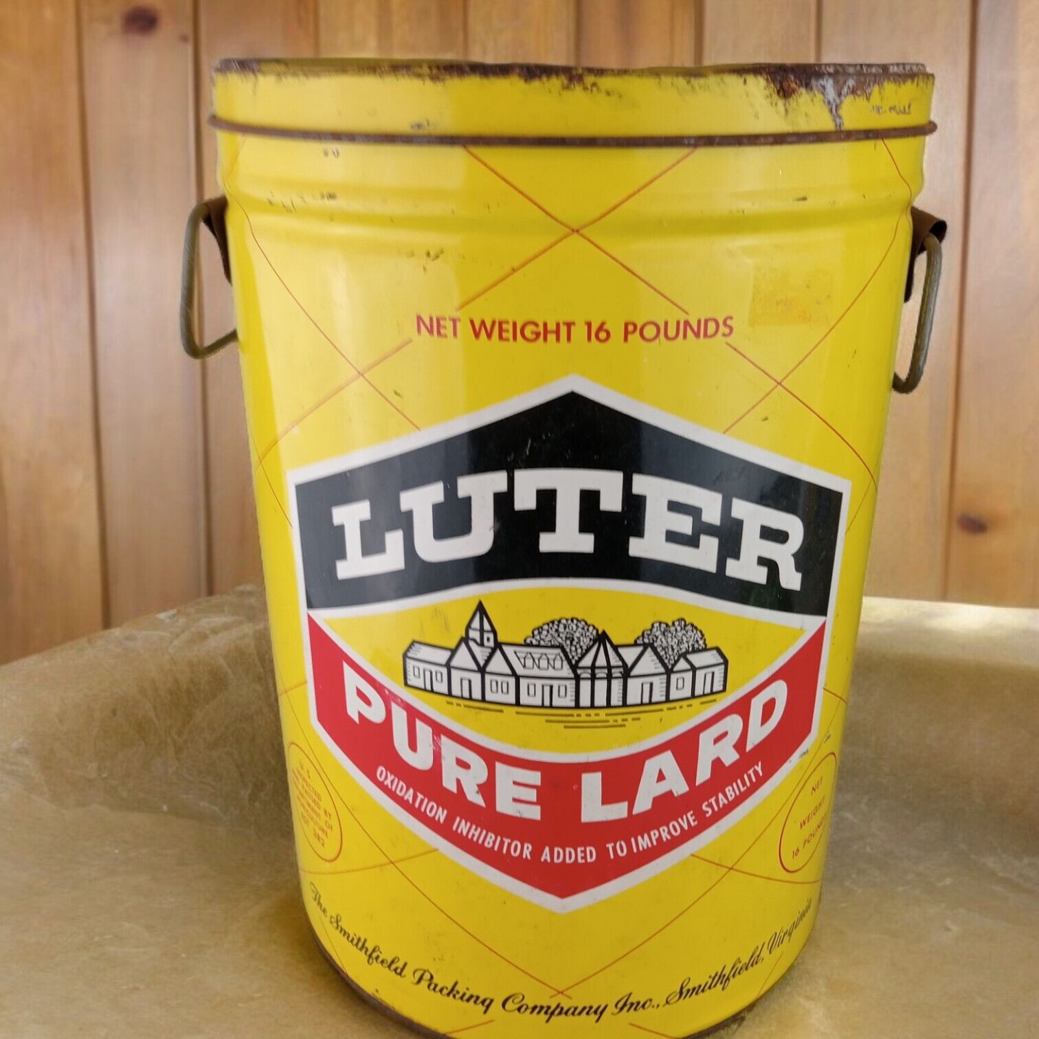 LUTER Smithfield VA 16 lb Lard Can Tin Pail Bucket Drum Vintage Advertising RARE