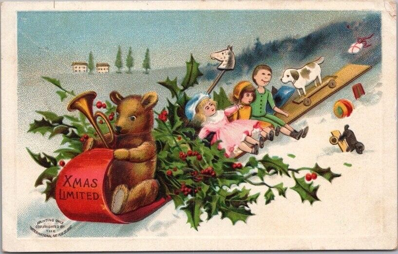 1908 CHRISTMAS Embossed Postcard Teddy Bear & Dolls on Sled \