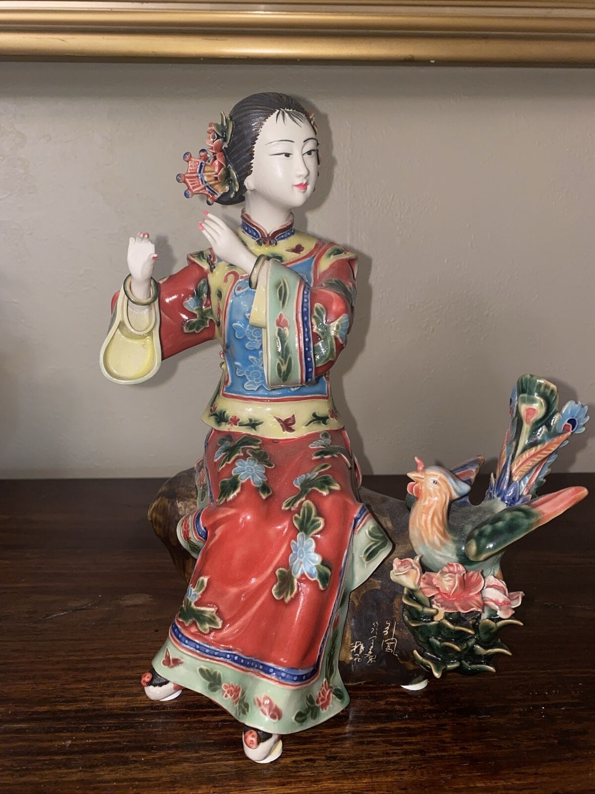 Vintage Wucai Chinese Hand Made Porcelain Woman  With Bird - Flawed