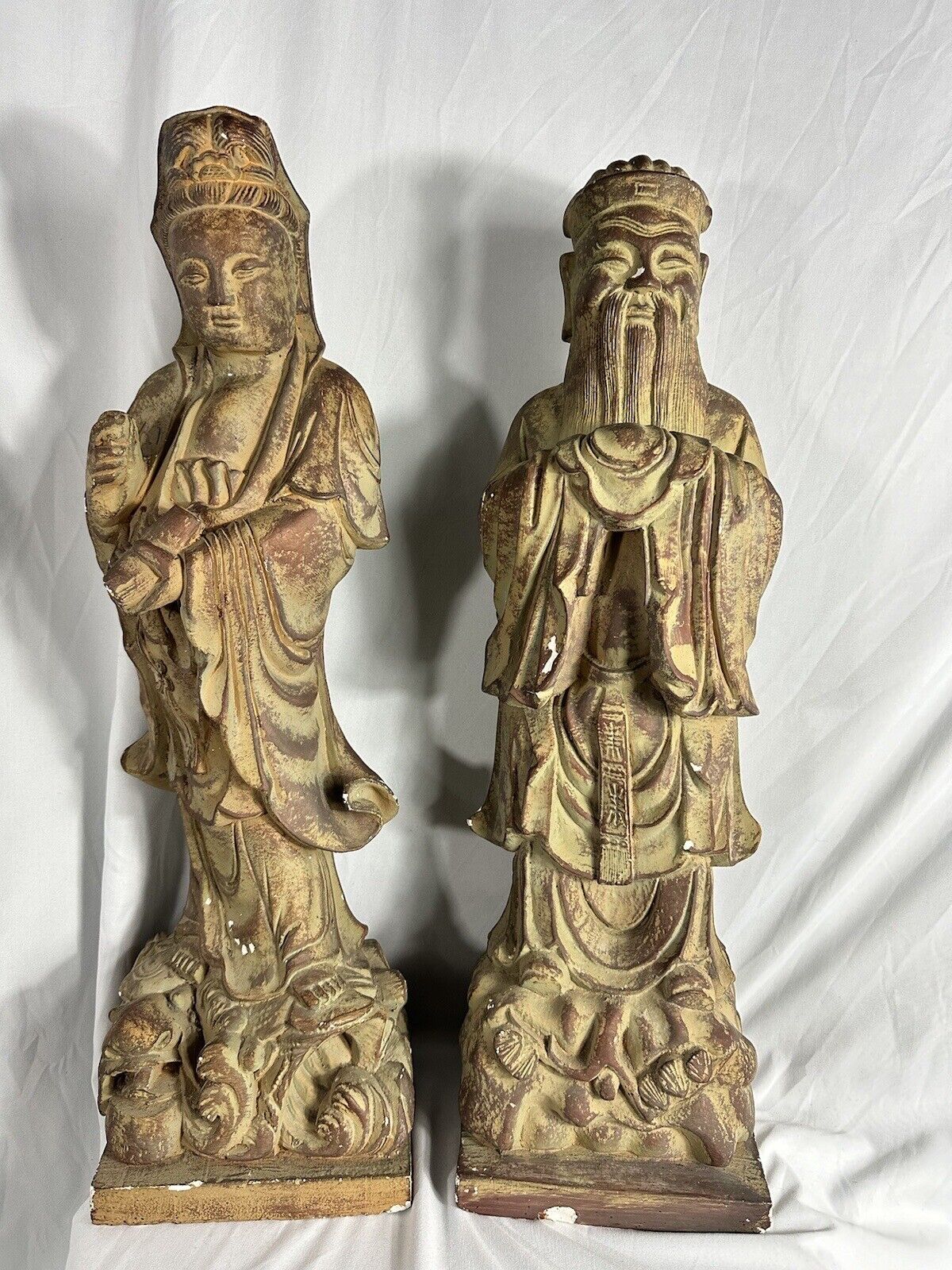 Vintage Large Oriental Asian Man & Women Plaster Sculptures