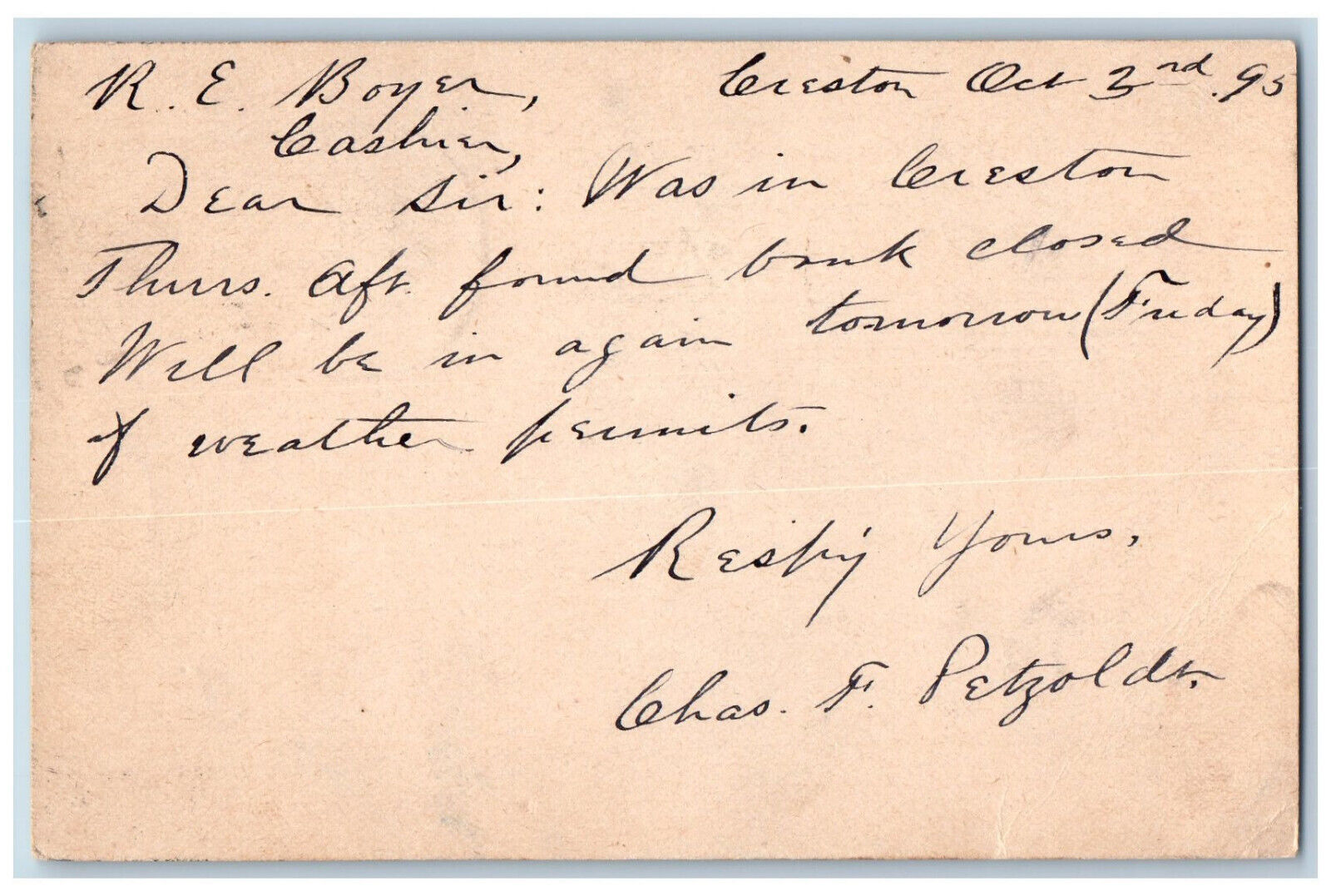 Creston IA Postal Card R.E Boyer Cashier Bank Closed Creston National Bank 1895