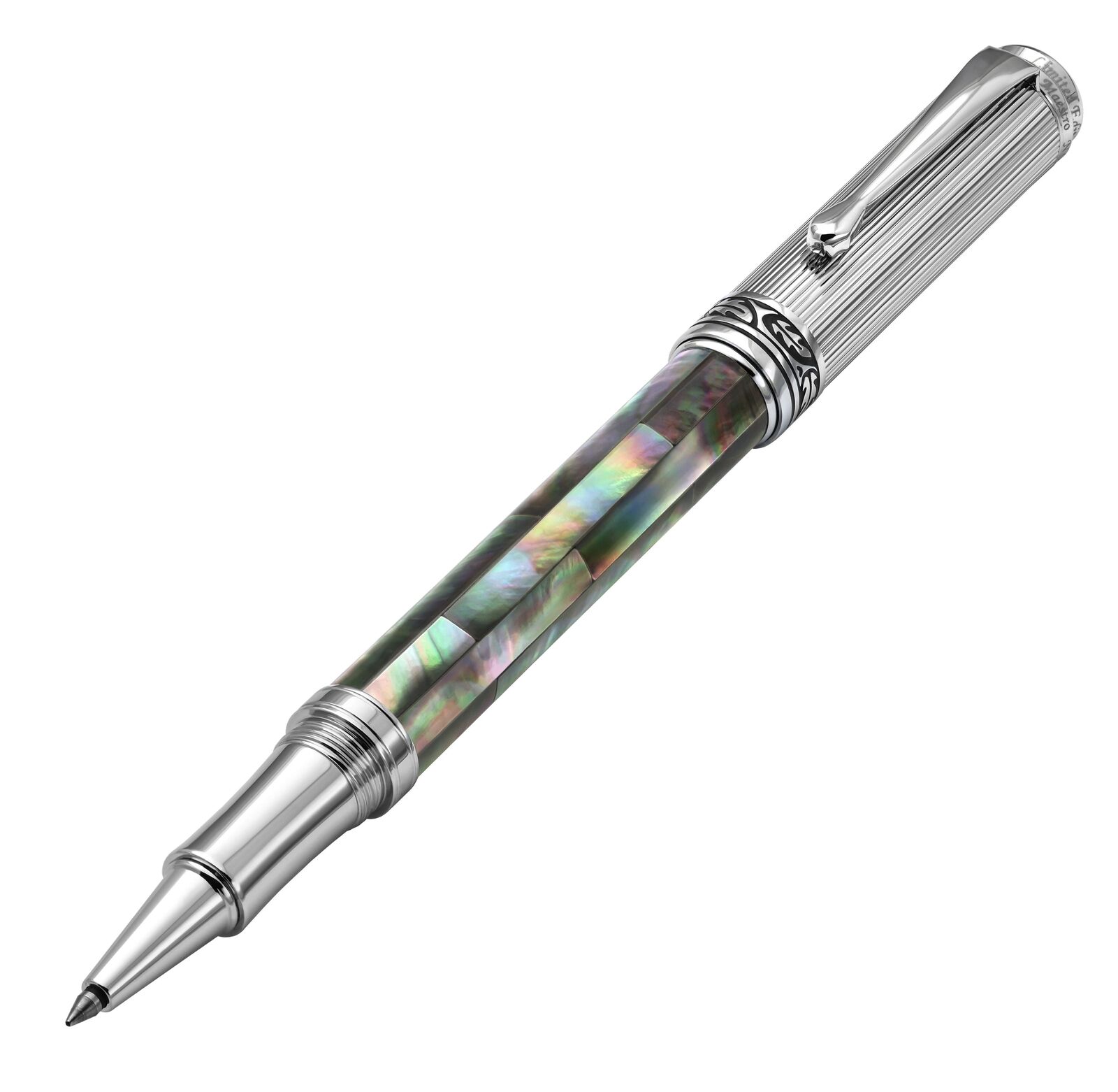 Xezo Maestro Rollerball Pen. Black Mother of Pearl, Chrome Plated. Handmade, LE