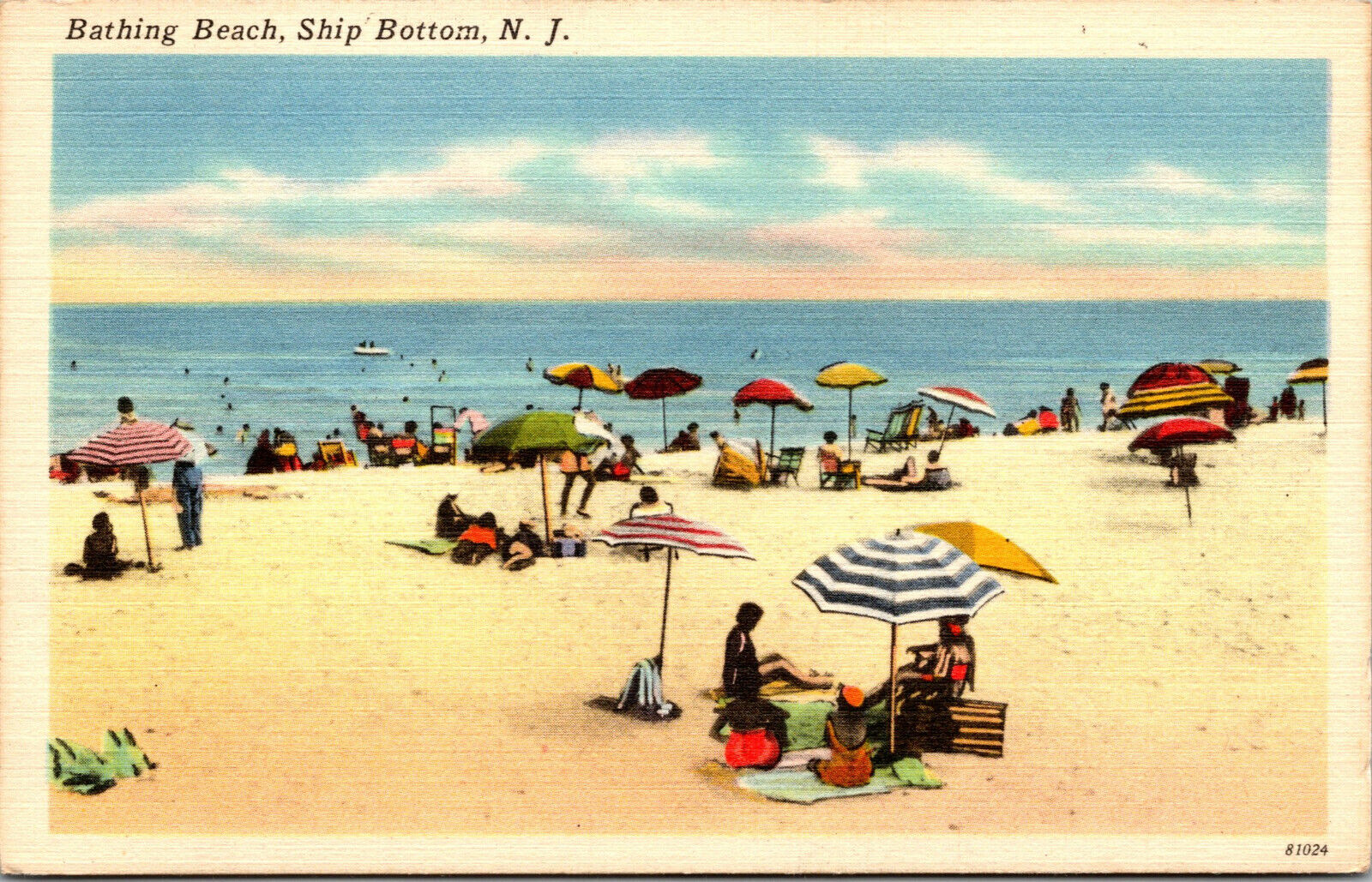 Vtg 1930s Bathing Beach Ship Bottom New Jersey NJ Unused Linen Postcard