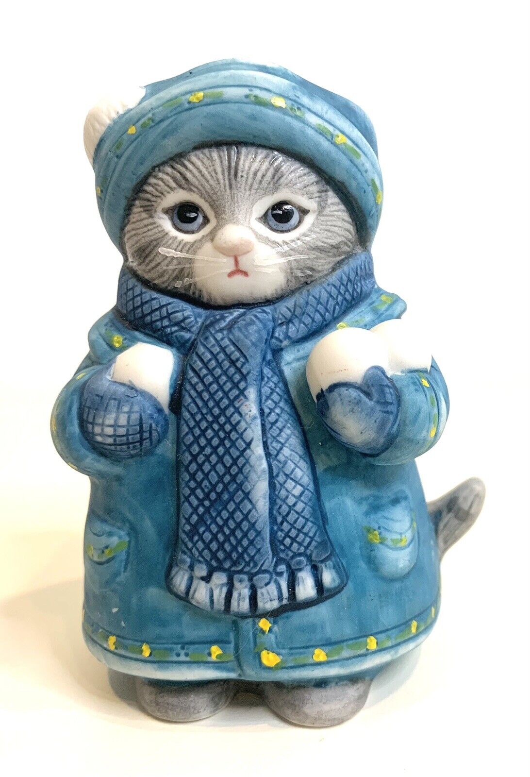 Vtg 80s Schmid Cat Figurine Winter Snowball Scarf Christmas Blue Kitty Cucumber