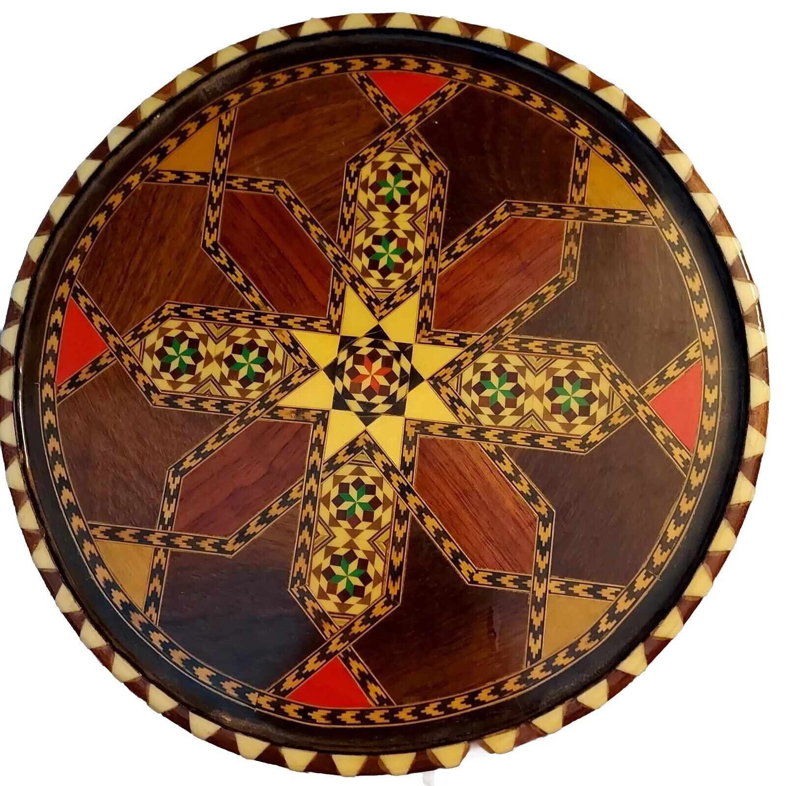 VTG Inlaid Wood Laminated Geometric Marquetry Spanish Folk Art Tray 11½\