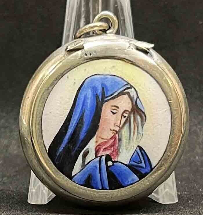 Awesome antique Rosary Box Virgin Mary enameled hand painted beautiful delicate