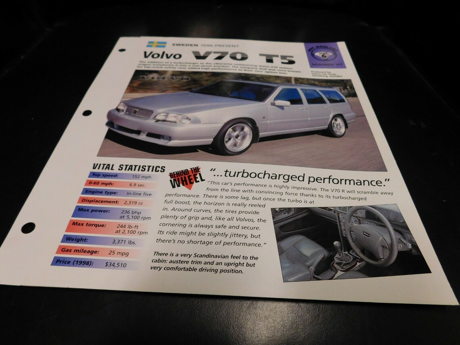 1996+ Volvo V70 T5 Wagon Spec Sheet Brochure Photo Poster