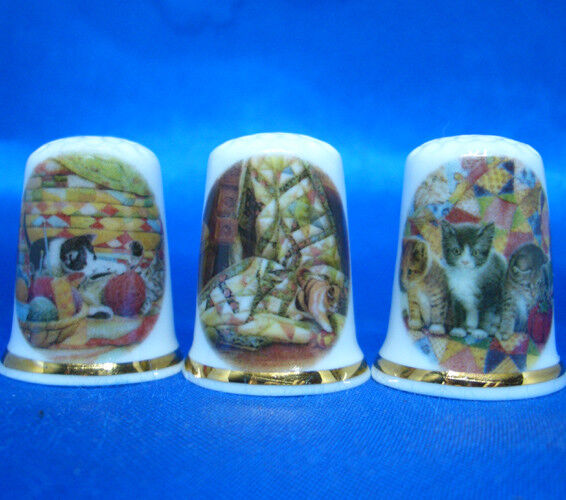 Birchcroft Thimbles -- Set of Three -- Kittens and Quilts