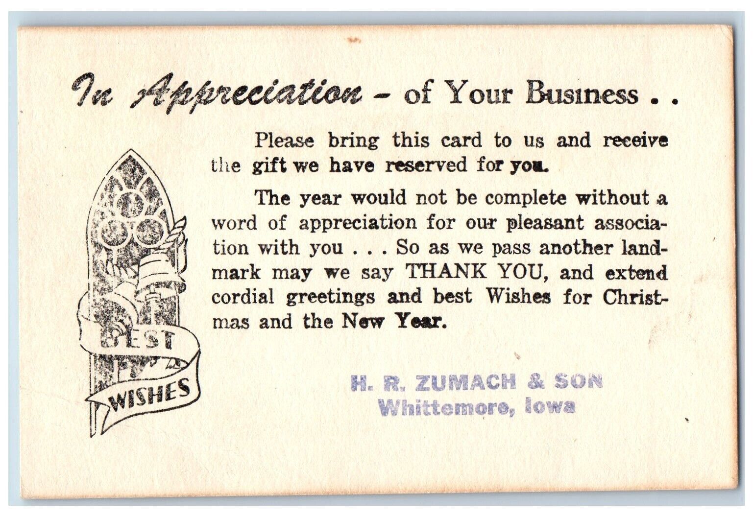c1905 Best Wishes From HR Zumach & Son. Whittemore Iowa Correspondence Postcard