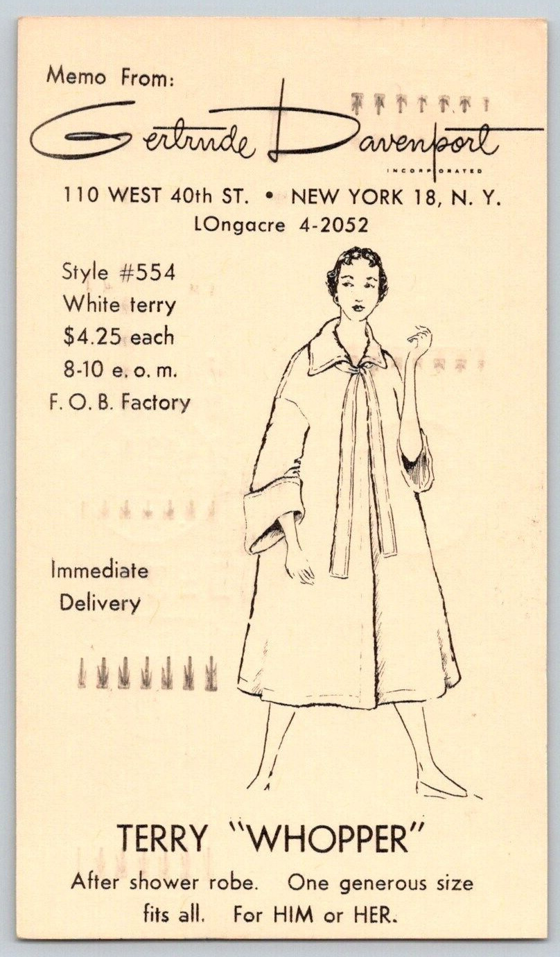 1950's Advertising Postcard~ Fashion~ Gertrude Davenport~ New York City, NY