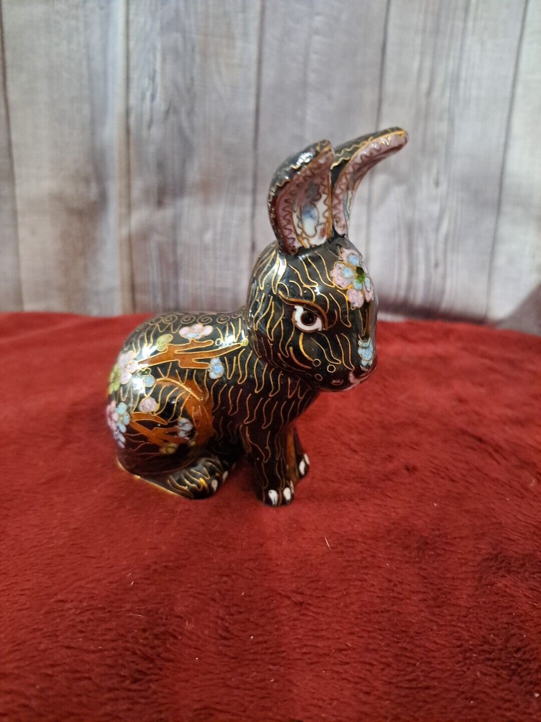 VTG Cloisonne Copper Enamel Bunny Rabbit Black?/Pastels Floral Figurine 3.9\