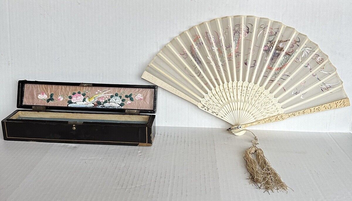 Antique  1850s Chinese Silk Embroidery Dragon  Bone Frame Fan & Lacquered Box