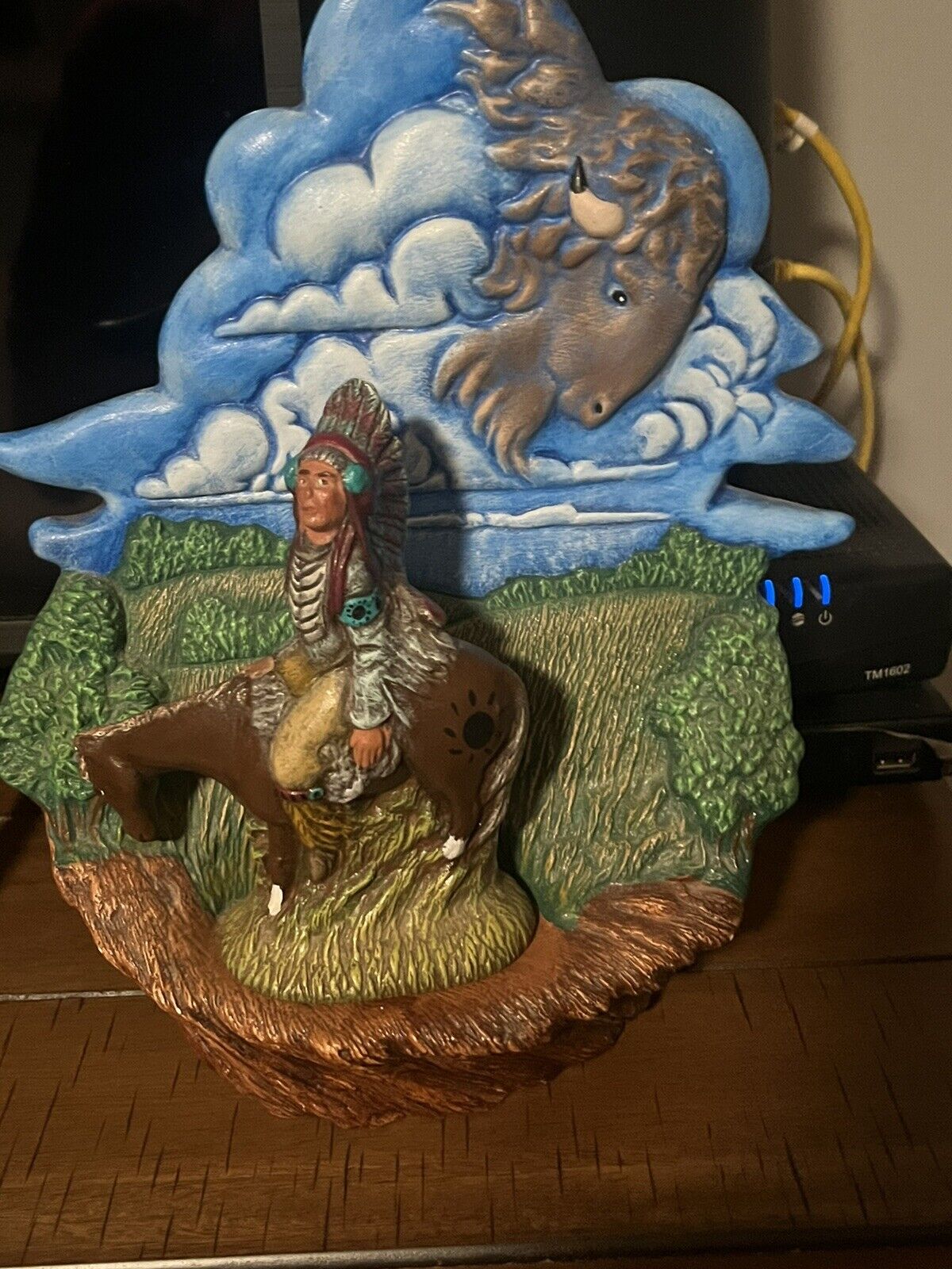 Ceramic Indian On Horse Standing On Cliff , Buffalo In Clouds , Great Gift