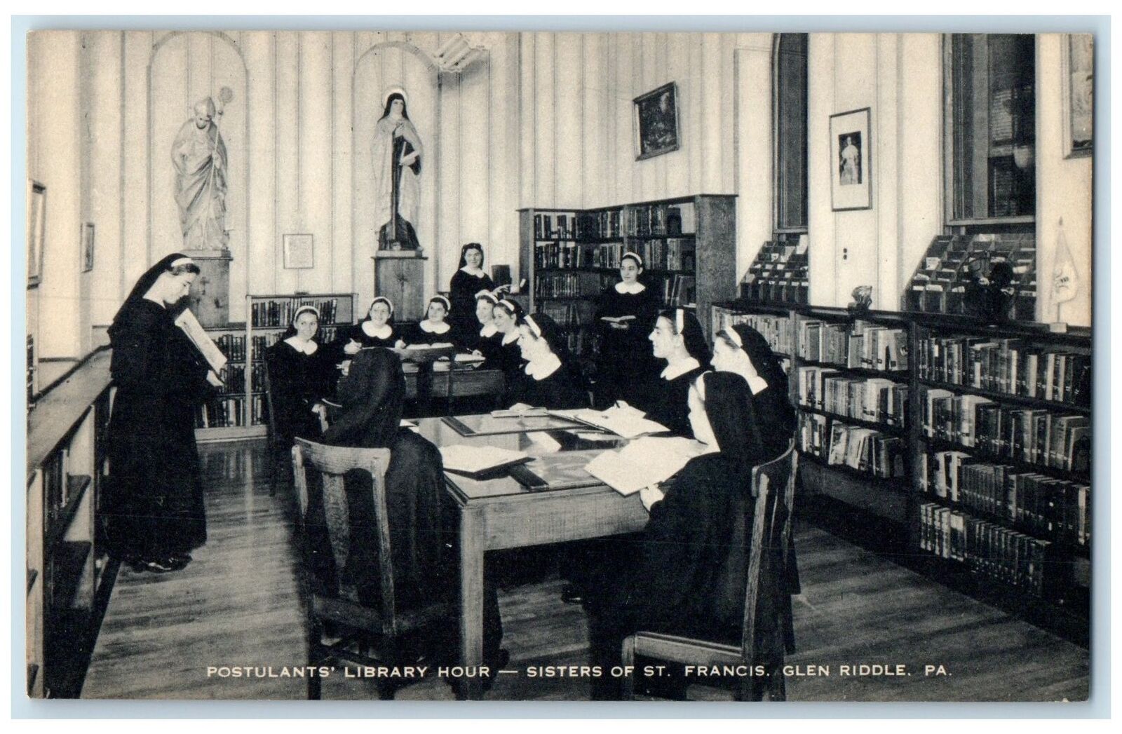 c1960's Postulants' Library Hour Sisters Of St. Francis Glen Riddle PA Postcard