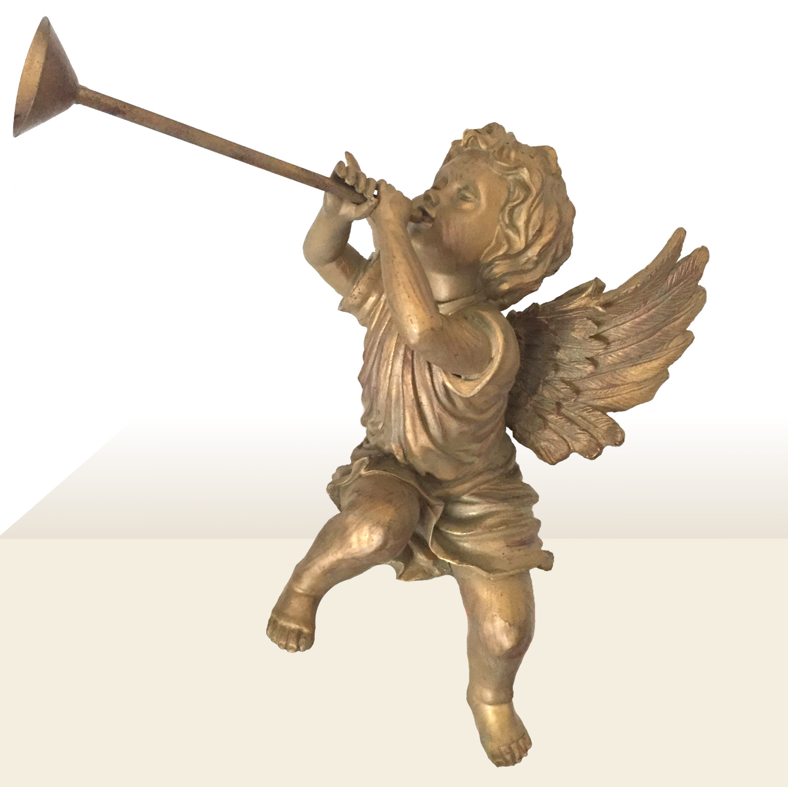 Gold Resin Trumpeting Sitting Angel Cherub with Wings Sculpture Renaissance