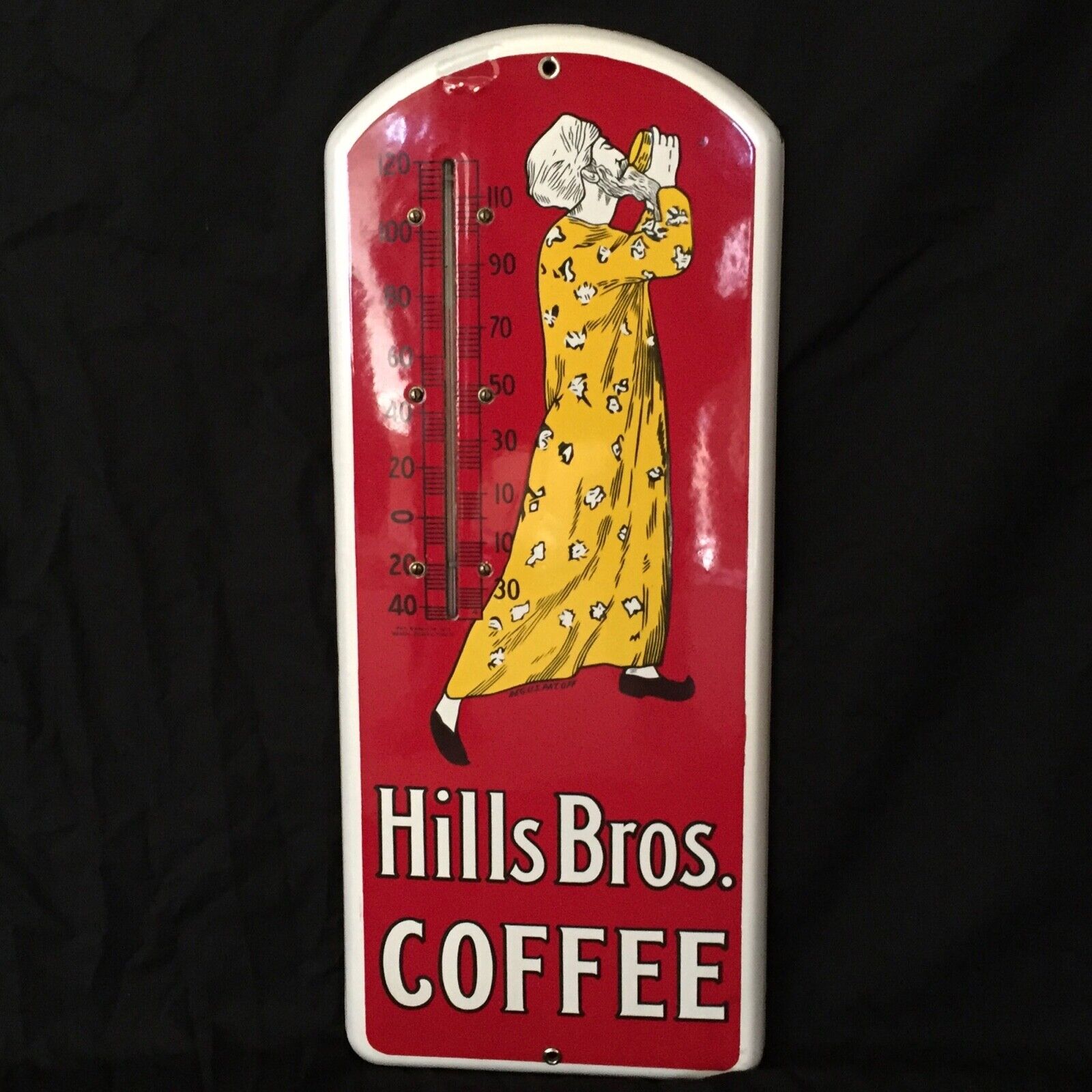 ANTIQUE ORIGINAL HILLS BROTHERS COFFEE THERMOMETER PORCELAIN SIGN - NEAR MINT