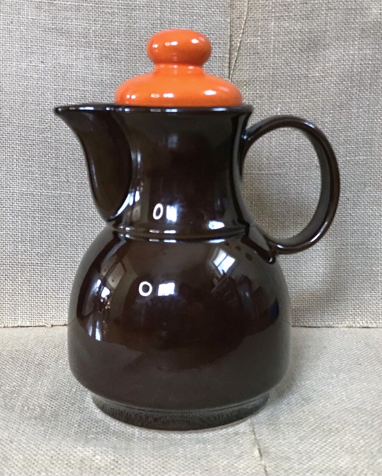 Vintage Mid Century Modern Seventies Brown Ceramic Coffee Pot w Orange Lid