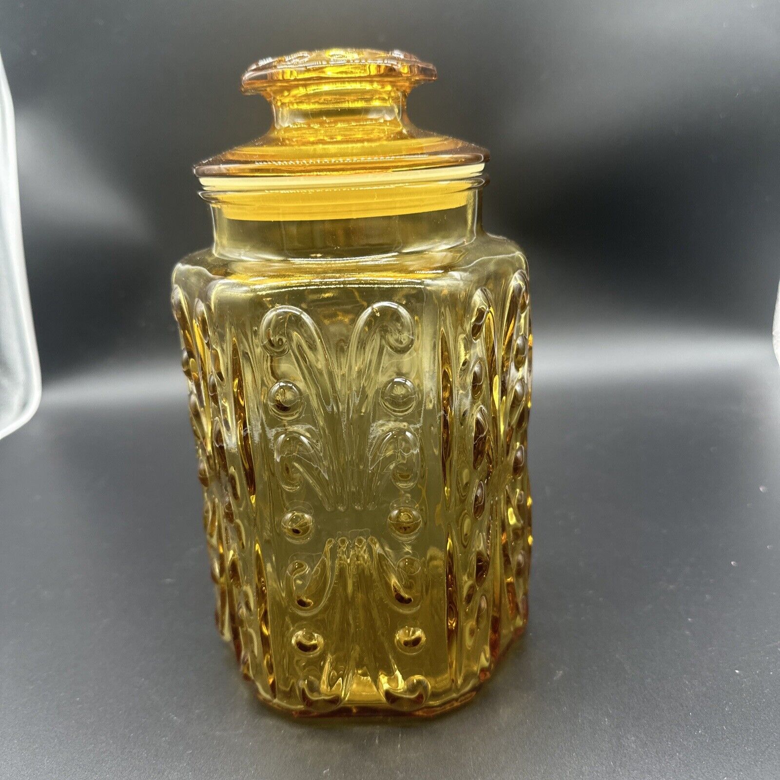 Vintage Large Federal Glass Scroll Pattern Show Off Amber Canister & Lid Jar 9”