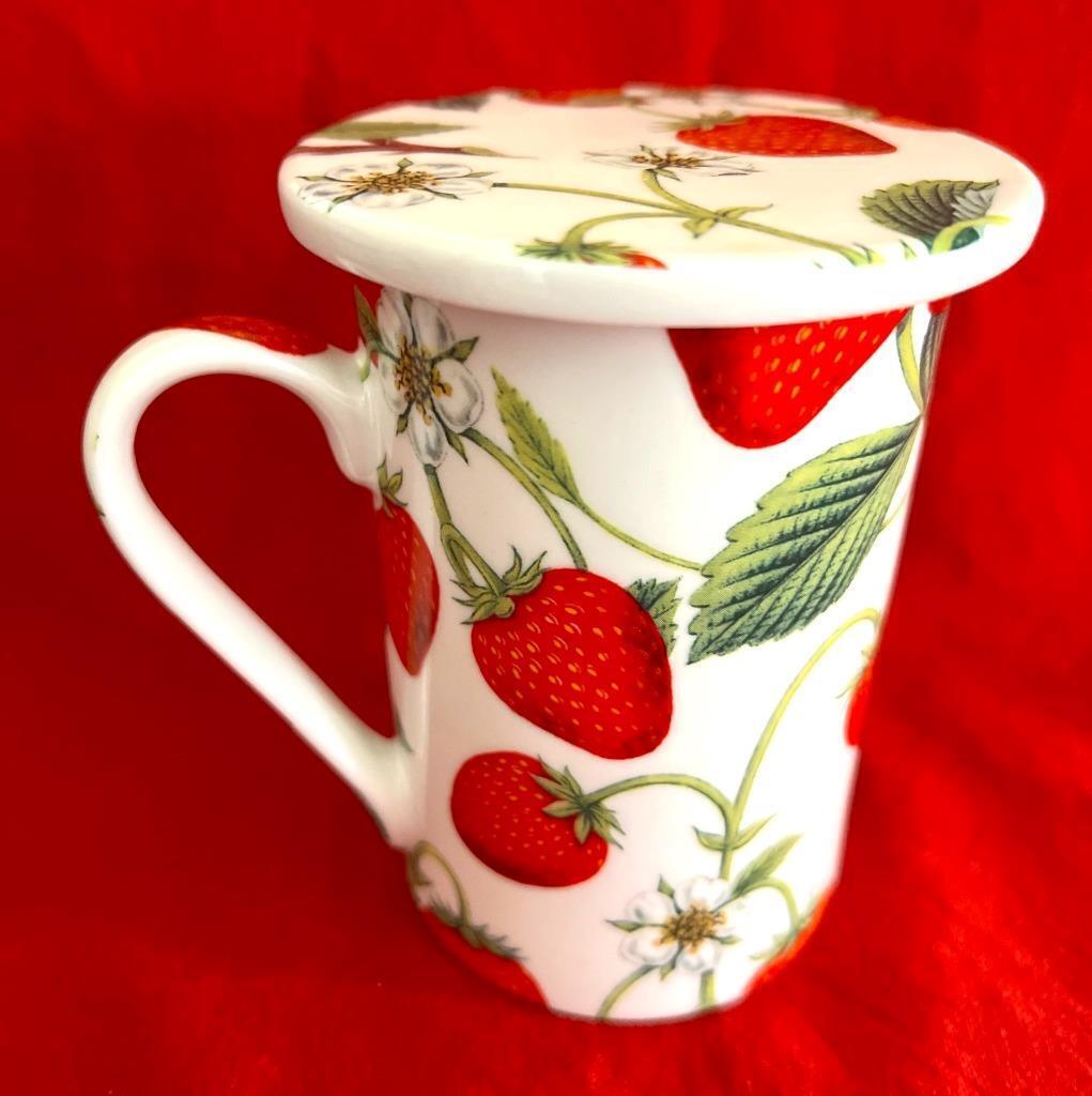 Kent Pottery Mug Strawberry Design w Lid/Coaster 4 1/4\