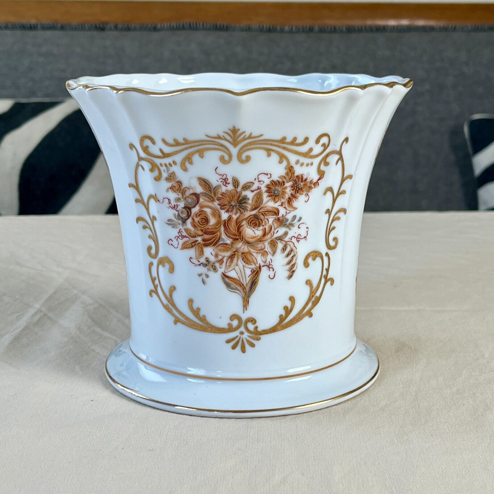 Vintage LJ PORCELAIN Pot Planter Vase - Amber Floral Design - Gold Trim - Japan
