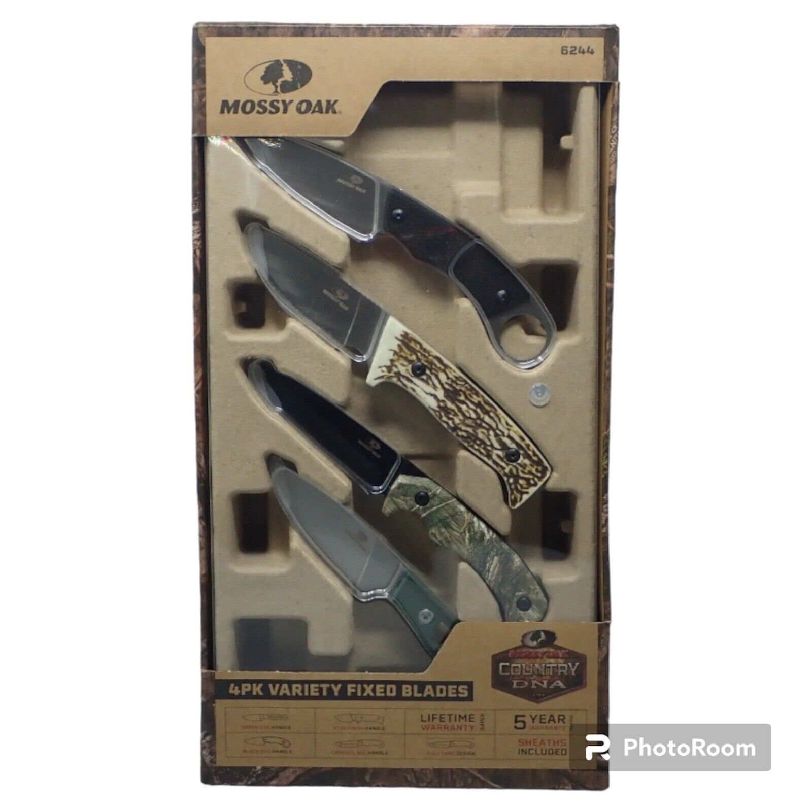 NEW Mossy Oak 4 pack Variety Fixed Blade Knife Box Gift Set with Sheaths 7 Inch